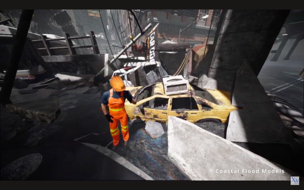 3D recreation of a post-flood emergency situation. A worker in bright orange clothes and a hard hat speaks on his phone with damaged cars.