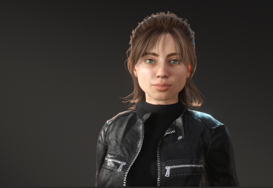 3D female avatar with a light complexion, wearing a leather jacket.